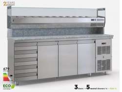 Ψυγεία πίτσας συντήρηση με επιτραπέζιο set-up PSM225PIZZA5S/3GN για 11 GN 1/4 με γρανίτη 5 ουδέτερα συρτάρια και μηχανή